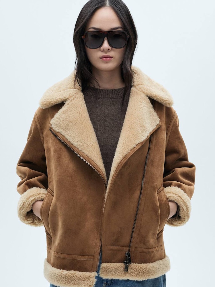 Mango Brown Faux Shearling-Lined Jacket - Image 1 of 7