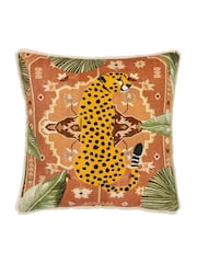 Furn Terracotta Kilim Cheetah Embroidered 100% Cotton Cushion - Image 1 of 5