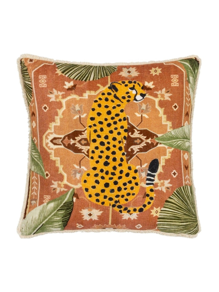Furn Terracotta Kilim Cheetah Embroidered 100% Cotton Cushion - Image 1 of 5