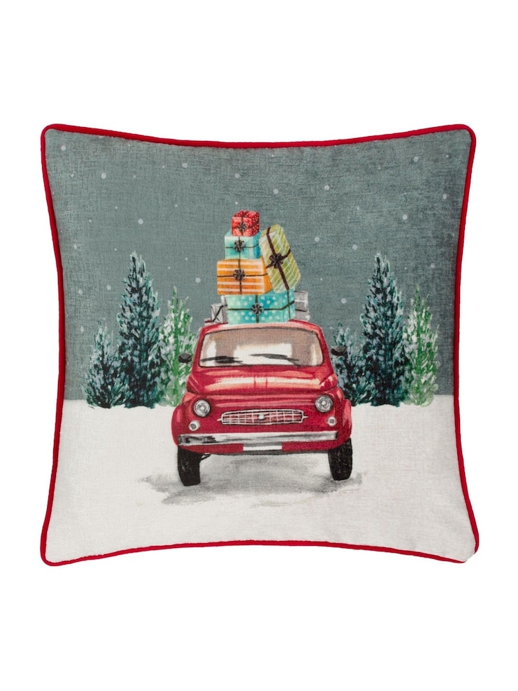Evans Lichfield Multicolour Christmas Car Scene Piped Cushion - Image 1 of 4