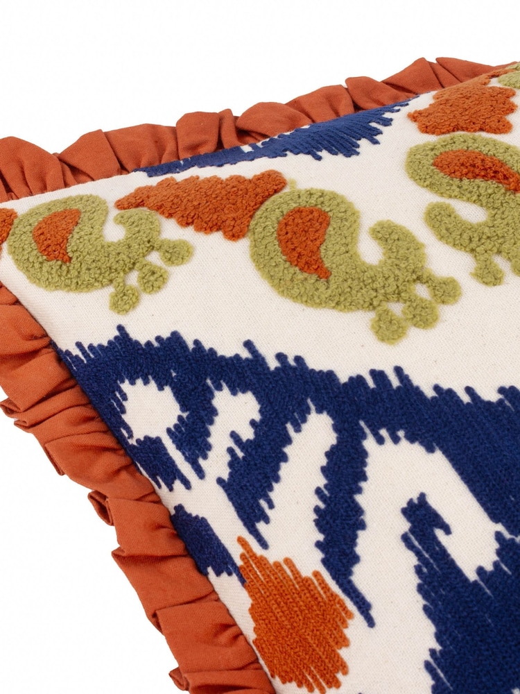 Paoletti Amber and Cerulean Seventy Three Henderson Embroidered Ikat 100% Cotton Cushion - Image 4 of 5