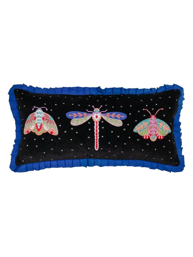 Wylder Black Darkling Beetles Embroidered Frilled Long Cushion - Image 1 of 4
