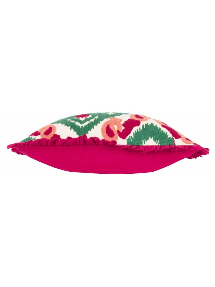 Paoletti Cerise and Jade Seventy Three Henderson Embroidered Ikat 100% Cotton Cushion - Image 3 of 5