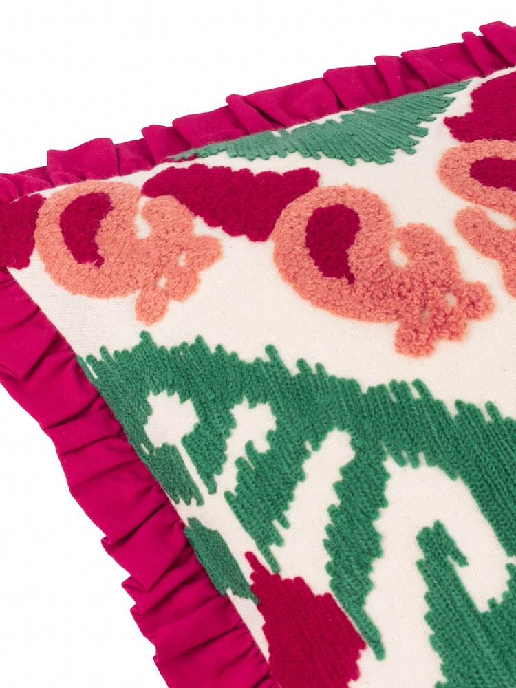 Paoletti Cerise and Jade Seventy Three Henderson Embroidered Ikat 100% Cotton Cushion - Image 4 of 5