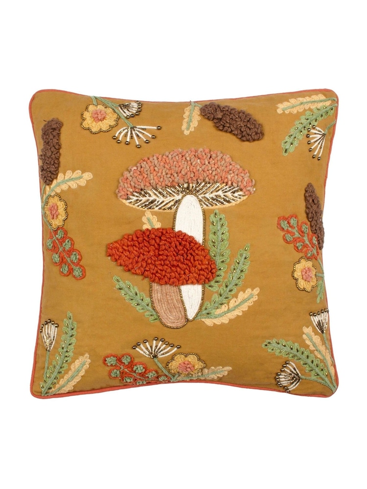 Wylder Autumn Gold Mushroom Dell 100% Cotton Embroidered Cushion - Image 1 of 5