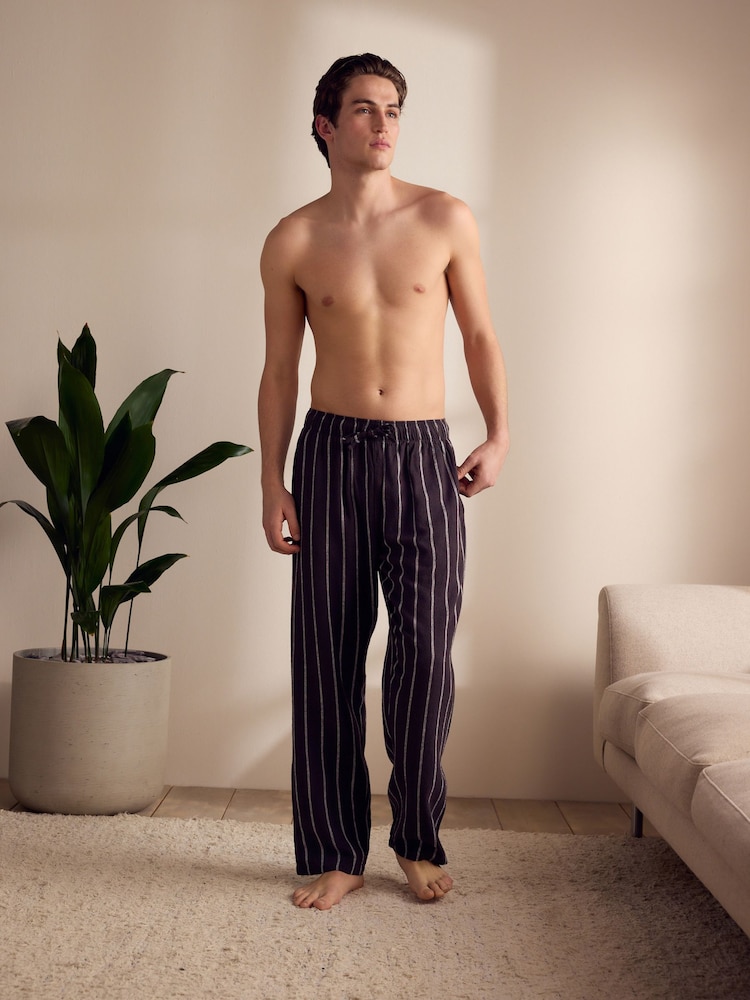 Black Striped Linen Blend Woven Pyjamas Bottoms - Image 2 of 9 Black Striped Linen Blend Woven Pyjamas Bottoms - Image 2 of 9