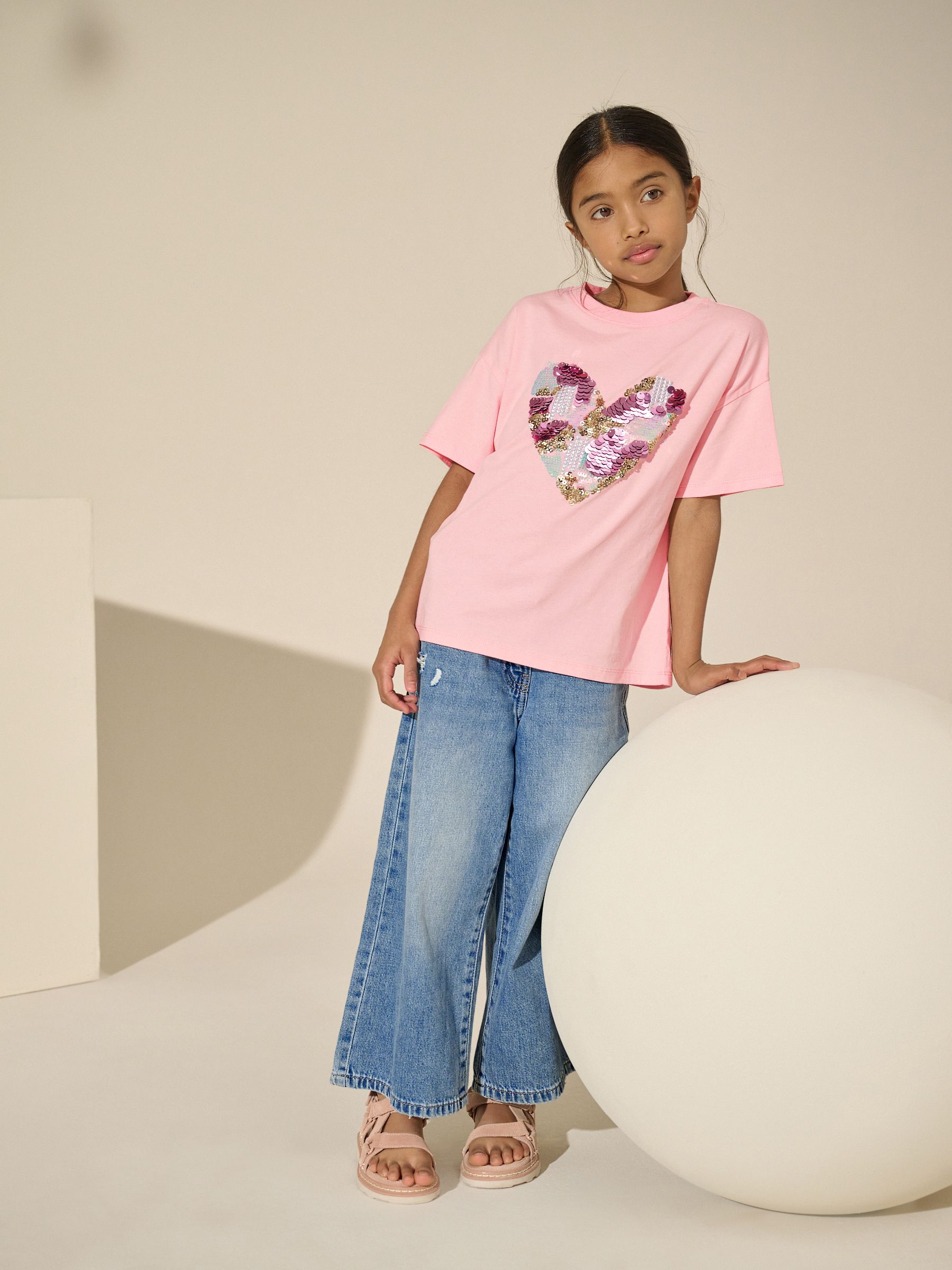 Buy Pink Sequin Heart Print T-Shirt (3-16yrs) from Next Romania