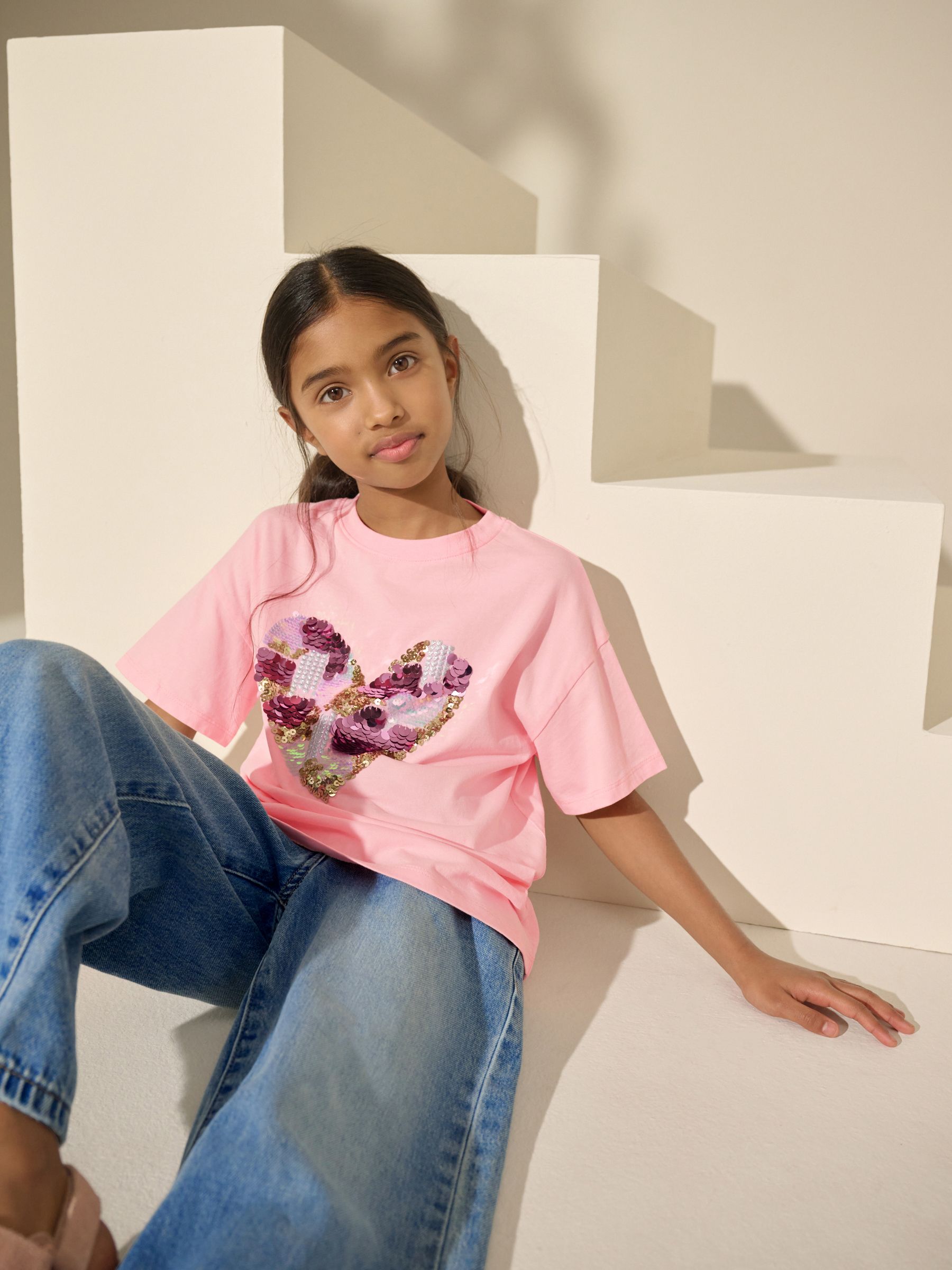 Buy Pink Sequin Heart Print T-Shirt (3-16yrs) from Next Romania