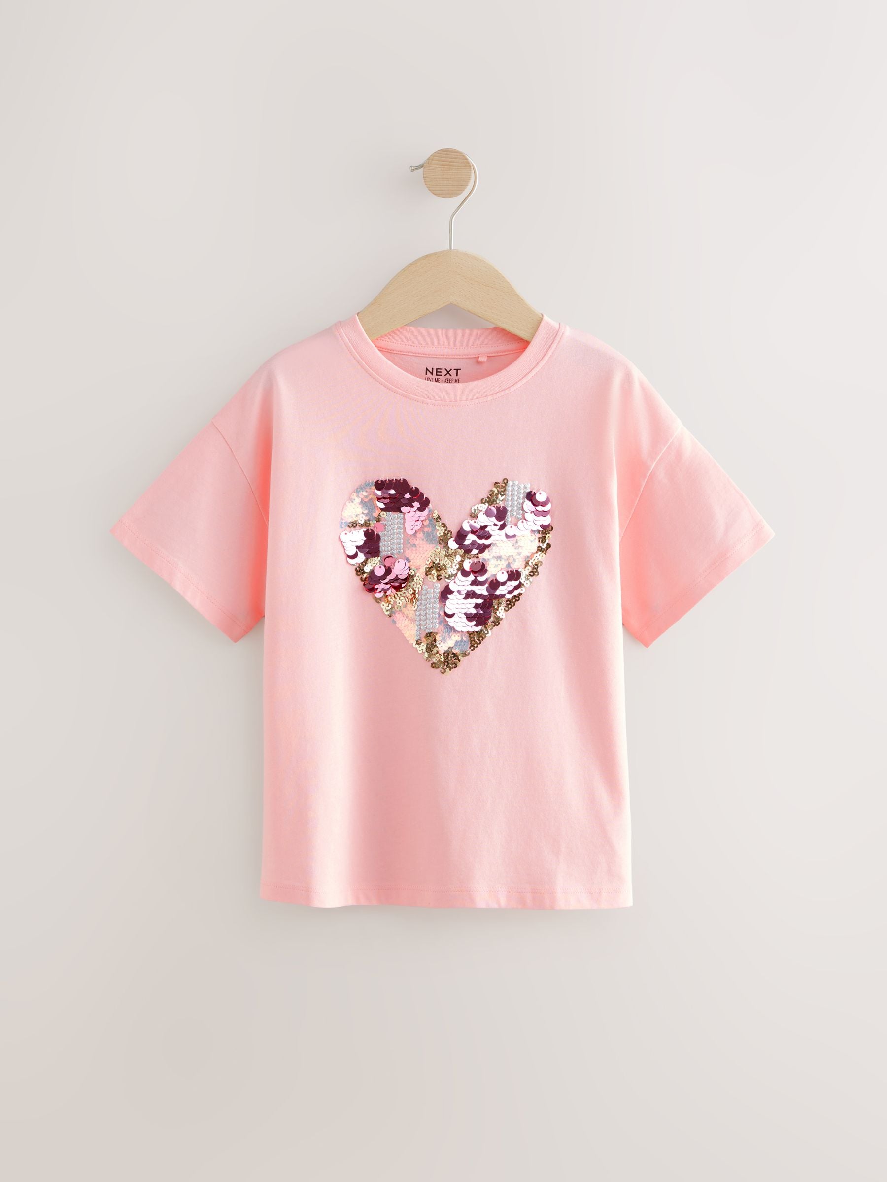 Buy Pink Sequin Heart Print T-Shirt (3-16yrs) from Next Romania