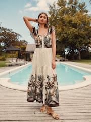 Ecru/Cream Palm Print Flutter Sleeve Tie Back Tiered Maxi Boho Dress - Image 2 of 5