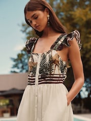 Ecru/Cream Palm Print Flutter Sleeve Tie Back Tiered Maxi Boho Dress - Image 4 of 5