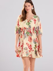 Ecru/Cream & Red Floral Volume Sleeve Tie Mini Dress - Image 1 of 7