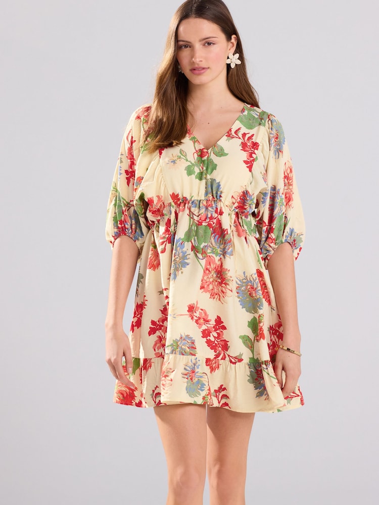 Ecru/Cream & Red Floral Volume Sleeve Tie Mini Dress - Image 1 of 7 Ecru/Cream & Red Floral Volume Sleeve Tie Mini Dress - Image 1 of 7