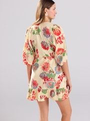 Ecru/Cream & Red Floral Volume Sleeve Tie Mini Dress - Image 2 of 7
