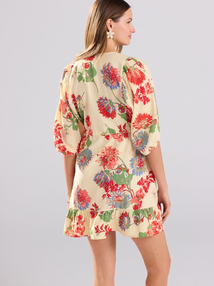 Ecru/Cream & Red Floral Volume Sleeve Tie Mini Dress - Image 2 of 7
