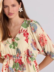 Ecru/Cream & Red Floral Volume Sleeve Tie Mini Dress - Image 4 of 7