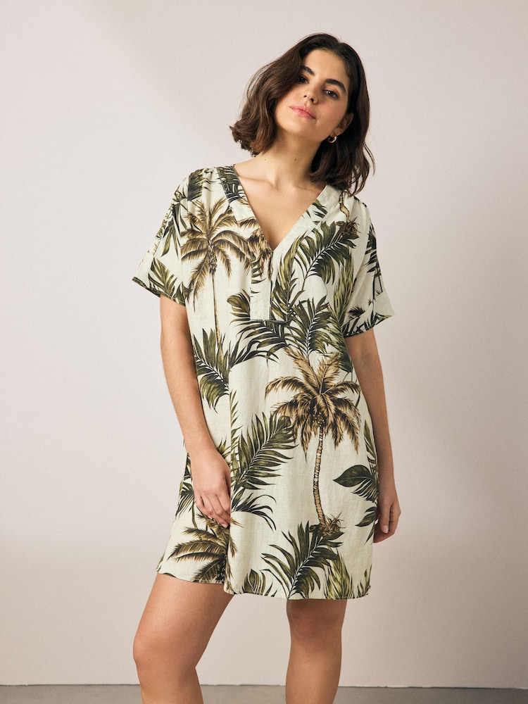 Black/White Kaftan Mini Dress with Linen - Image 1 of 7