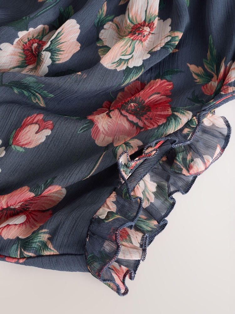 Navy Blue Floral Printed High Neck Tiered Occasion Maxi Dress - Image 9 of 9