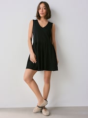 Negro - 100% Cotton V-Neck Jersey Mini Summer Dress - Imagen 2 de 5