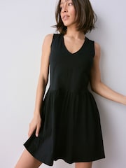 Negro - 100% Cotton V-Neck Jersey Mini Summer Dress - Imagen 3 de 5