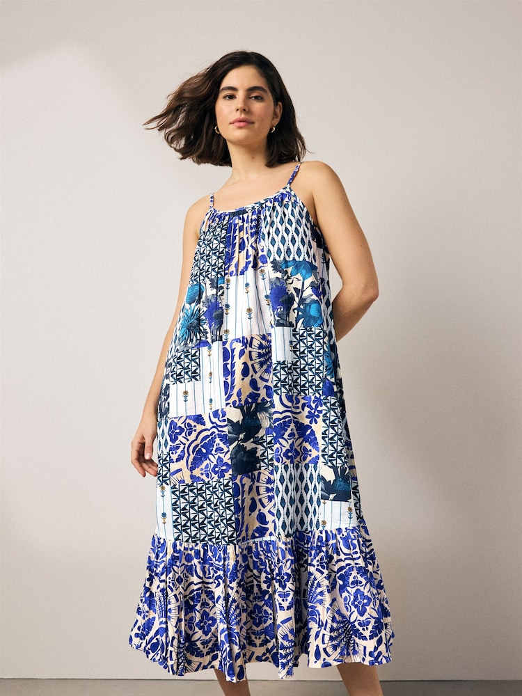 Ecru/Blue Tile Print 100% Cotton Strappy Tiered Midi Dress - Image 2 of 7