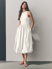 White Sleeveless Racer Puffball 100% Cotton Midi Dress - Image 1 of 5