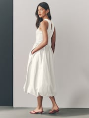 White Sleeveless Racer Puffball 100% Cotton Midi Dress - Image 2 of 5
