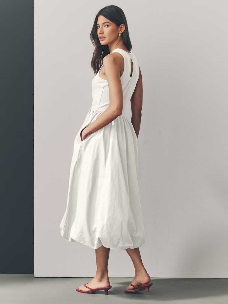 Blanco - Sleeveless Racer Puffball 100% Cotton Midi Dress - Imagen 2 de 5 Blanco - Sleeveless Racer Puffball 100% Cotton Midi Dress - Imagen 2 de 5