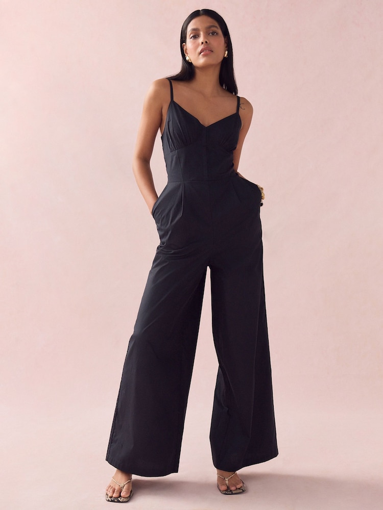 Black Corset Detail Wide Leg 100% Cotton Jumpsuit - Image 1 of 6