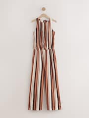 Brown/Cream Stripe Sleeveless Wide Leg 100% Cotton Jumpsuit - Image 6 of 8