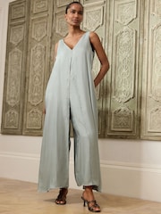 Sage Green Metallic V-Neck Wide Leg Jumpsuit - Image 2 of 8