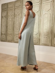 Sage Green Metallic V-Neck Wide Leg Jumpsuit - Image 3 of 8