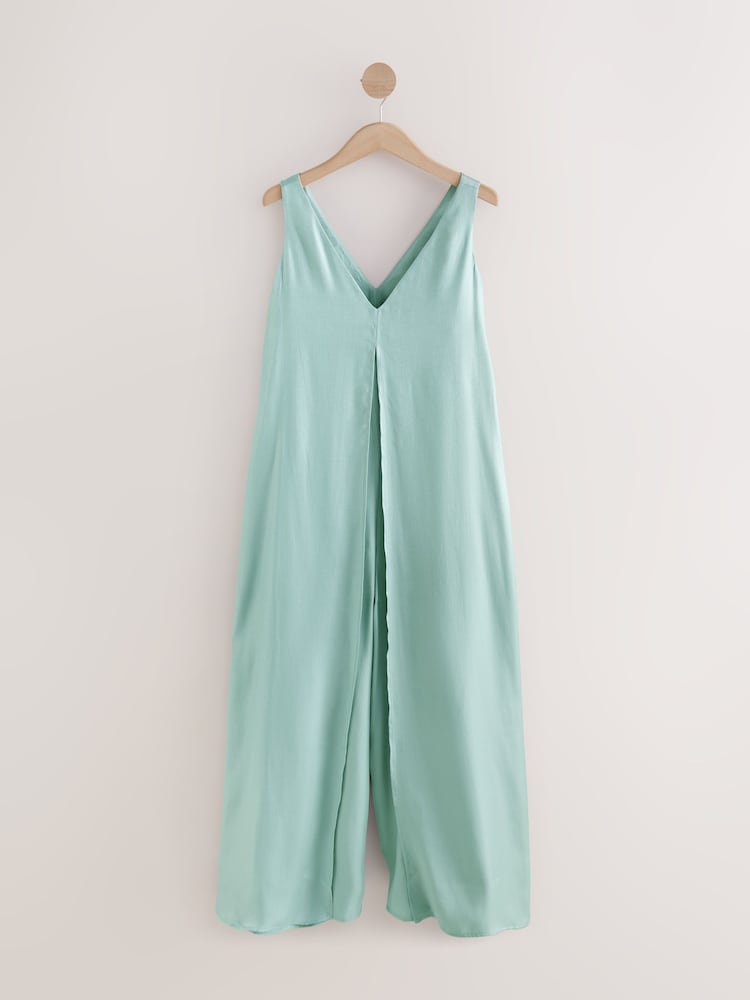 Sage Green Metallic V-Neck Wide Leg Jumpsuit - Image 6 of 8