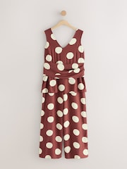 Chocolate Brown Polkadot Tie Waist V-Neck Jumpsuit - Image 1 of 3