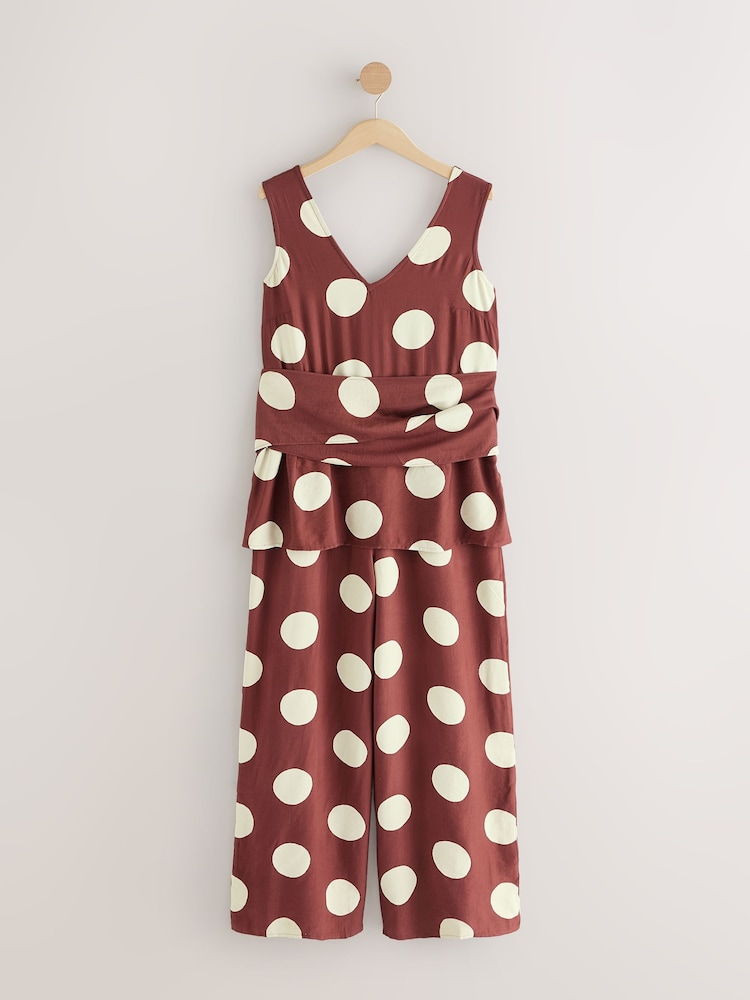 Chocolate Brown Polkadot Tie Waist V-Neck Jumpsuit - Image 1 of 3