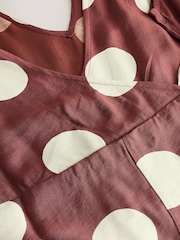 Chocolate Brown Polkadot Tie Waist V-Neck Jumpsuit - Image 2 of 3