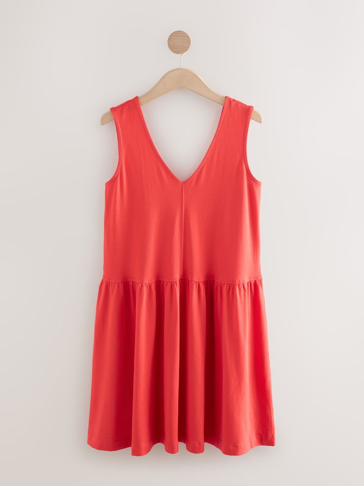 Rojo brillante - 100% Cotton V-Neck Jersey Mini Summer Dress - Imagen 1 de 3