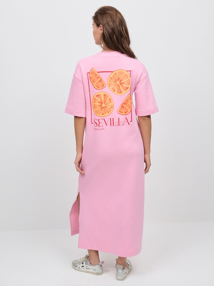 Pink City Fruit Short Sleeve Crew Neck Jersey Back Graphic Midi Dress - Image 1 of 9