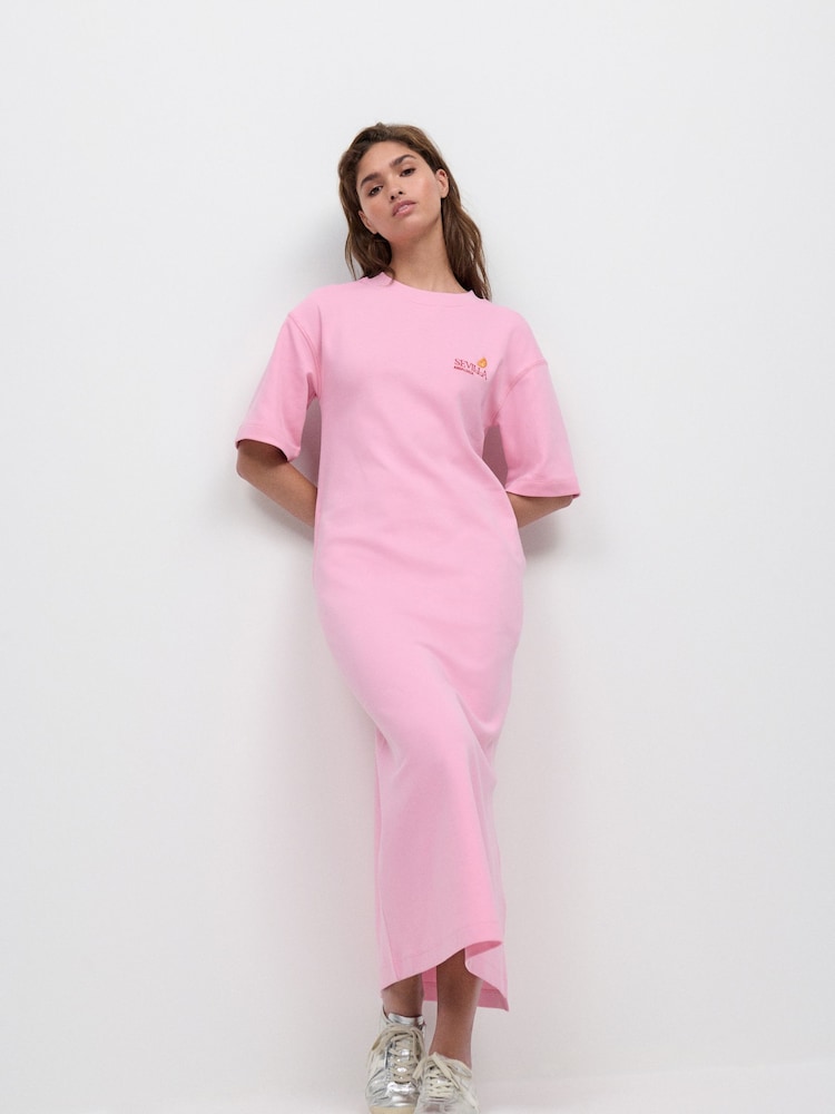 Pink City Fruit Short Sleeve Crew Neck Jersey Back Graphic Midi Dress - Image 2 of 9
