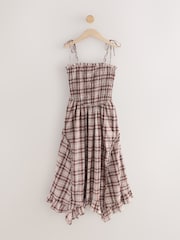 Charcoal Grey Check Shirred Body Asymetric Hem Midi Dress - Image 5 of 7