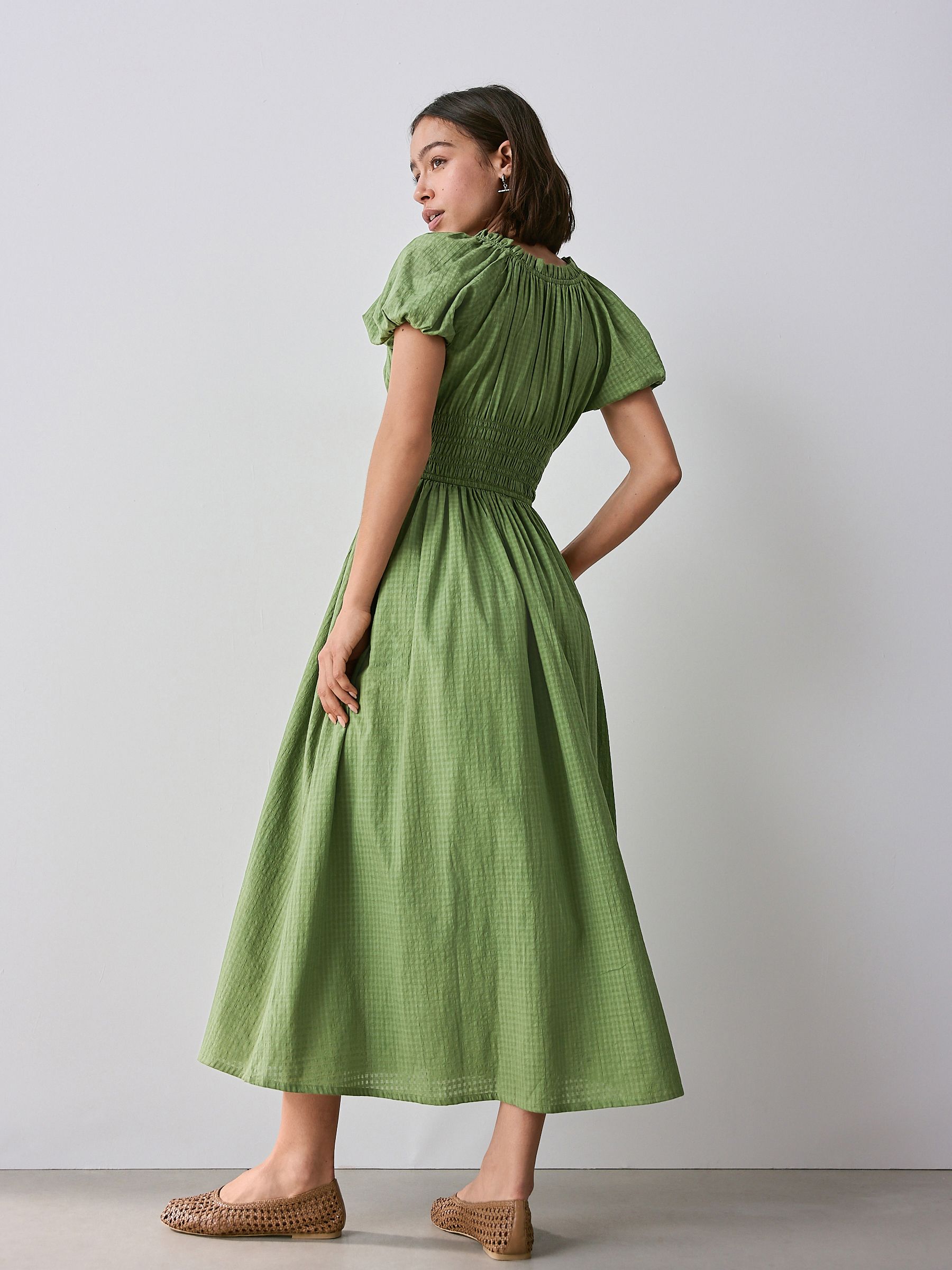 Buy Olive Green Puff Sleeve Seersucker Midi Summer Dress