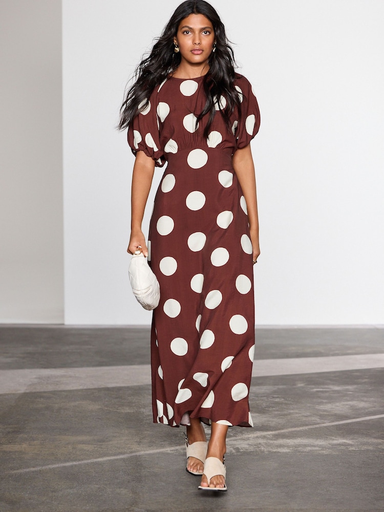Marrón chocolate de lunares - Vestido a media pierna con mangas abullonadas - Imagen 2 de 3