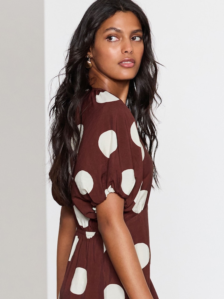 Marrón chocolate de lunares - Vestido a media pierna con mangas abullonadas - Imagen 3 de 3