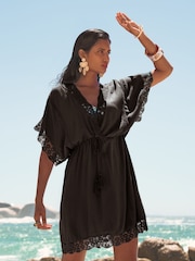Love & Roses Black Mini Lace Trim Tassel Tie Detail Kaftan - Image 1 of 5