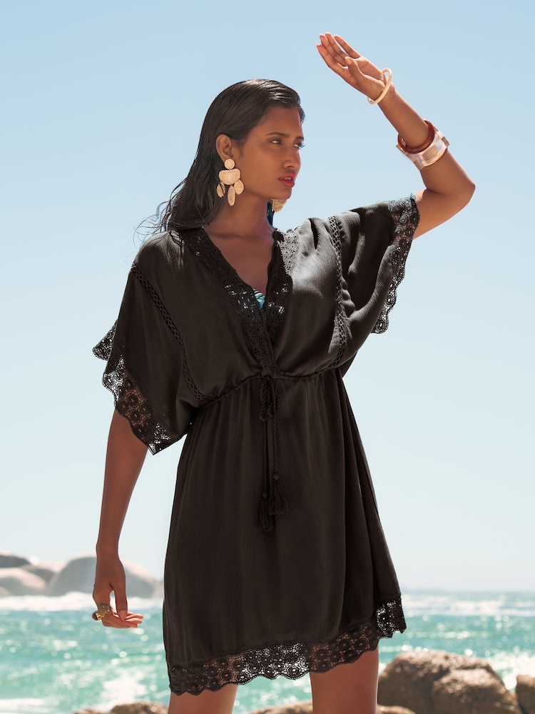 Love & Roses Black Mini Lace Trim Tassel Tie Detail Kaftan - Image 1 of 5