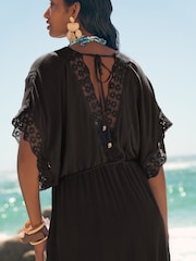 Love & Roses Black Mini Lace Trim Tassel Tie Detail Kaftan - Image 2 of 5
