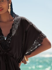 Love & Roses Black Mini Lace Trim Tassel Tie Detail Kaftan - Image 4 of 5