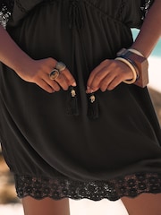 Love & Roses Black Mini Lace Trim Tassel Tie Detail Kaftan - Image 5 of 5