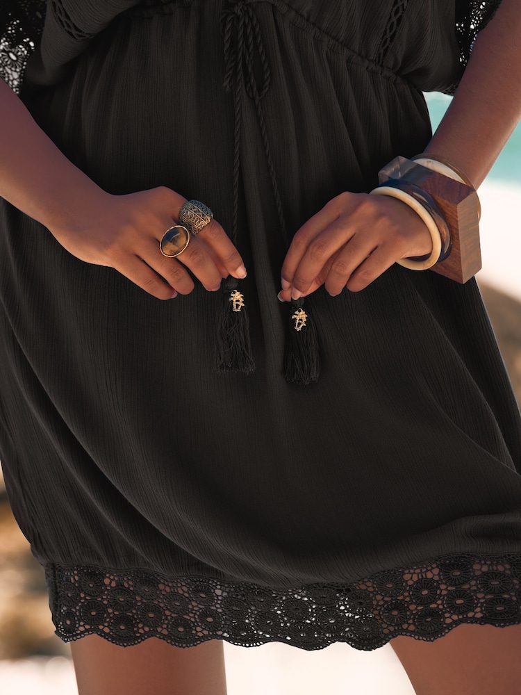Love & Roses Black Mini Lace Trim Tassel Tie Detail Kaftan - Image 5 of 5