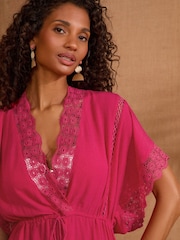 Love & Roses Pink Mini Lace Trim Tassel Tie Detail Kaftan - Image 2 of 6